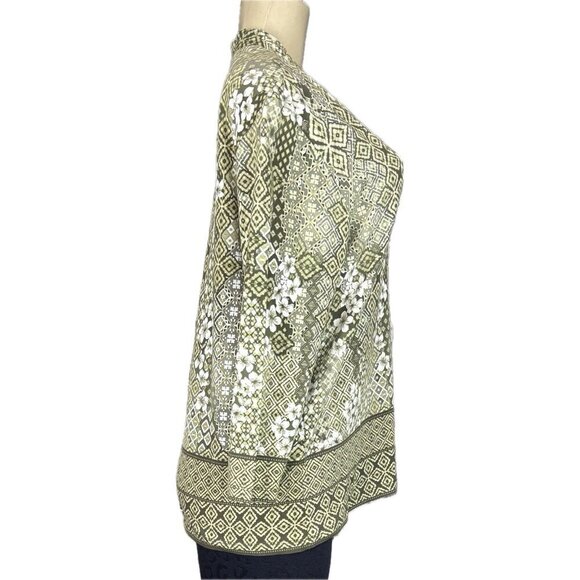 Ruby Rd L Green Mixed Floral Pattern Studded Split Neck Cotton 3/4 Sleeve Top - Picture 3 of 6